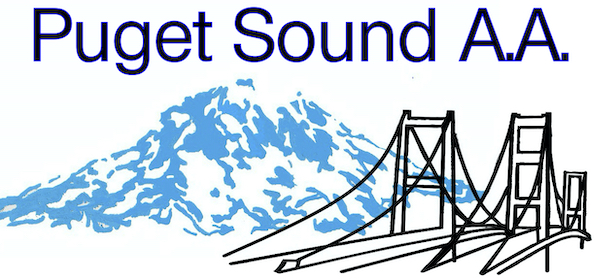 Puget Sound A.A. in purple letters and a mountain and 2 bridges in the background